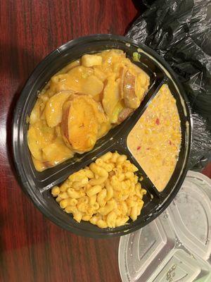 Loaded Potatoes, Cashew Mac, and Corn Chowder.  at Sweet Soulfood in New Orleans