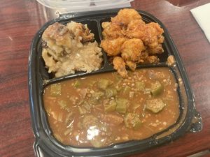 Bread pudding ( < 3) with bbq cauliflower and okra gumbo  at Sweet Soulfood in New Orleans