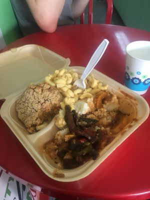 Chickpea cake, Mushroom ragu with creamy grits, Mac N cheese = FULL and   at Sweet Soulfood in New Orleans