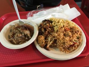 Bread pudding, cauliflower, jambalaya, and mac n cheese at Sweet Soulfood in New Orleans