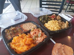 left - okra stew, white beans, yams and jambalaya.
right - mac, collard greens, fried shrooms and jerk cauli (a highlight) at Sweet Soulfood in New Orleans