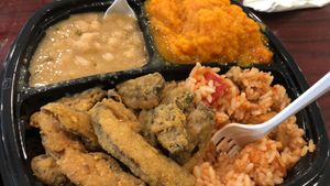 White beans, sweet potato, fried portobello mushrooms  at Sweet Soulfood in New Orleans