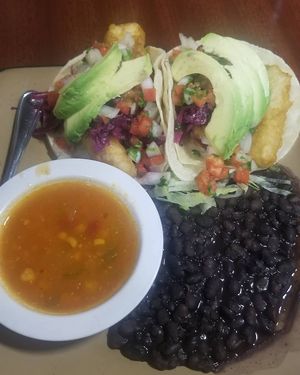 Vegan fish tacos, black beans, corn soup DELICIOUS at Tequila Blue Agave in Lincoln City