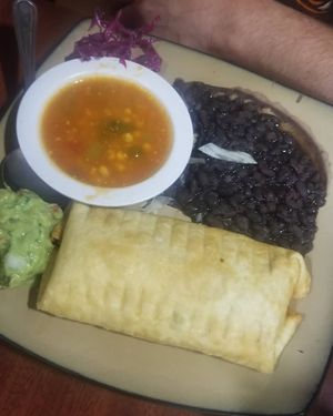 Vegan chimichanga, black beans, corn soup AMAZING at Tequila Blue Agave in Lincoln City