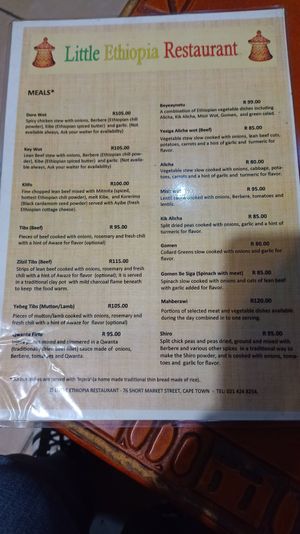 Menu at Little Ethiopia in Cape Town
