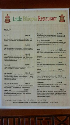 Menu at Little Ethiopia in Cape Town