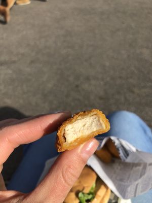 The inside of the nugget (it was so good! I didn’t even need to use the sauce)  at Greenpoint Burgers in Annecy