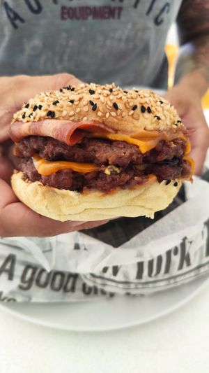 The double vegan beyond burger (they gave us free vegan bacon because we ordered with click&collect. ) at Greenpoint Burgers in Annecy
