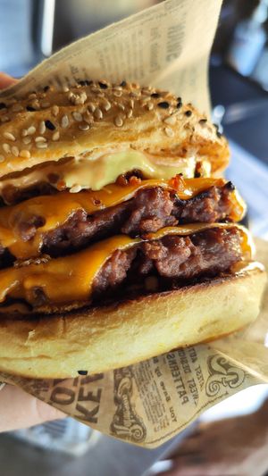 Double Beyond version 2 with vegan cheese and our mustard/curry signature sauce. at Greenpoint Burgers in Annecy