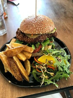 Southern fried seitan burger with brioche bun at Dr Legumes in Folkestone