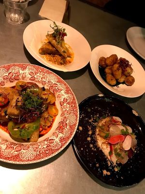 Various starters
Samosa, roasted new potatoes, heirloom tomato salad, cashew cheese salad at Dr Legumes in Folkestone