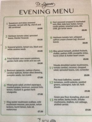 Evening menu  at Dr Legumes in Folkestone