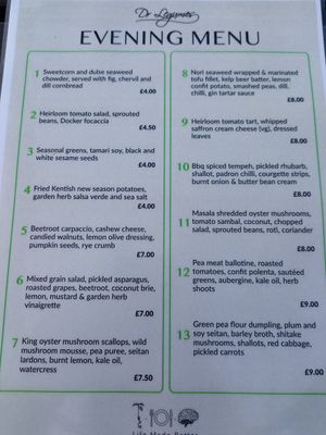 evening memu at Dr Legumes in Folkestone