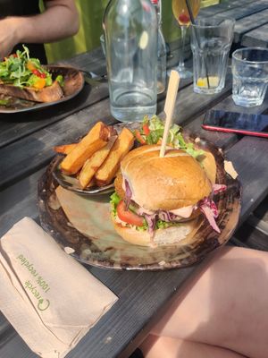 Seitan burger and avocado toast at the back at Dr Legumes in Folkestone