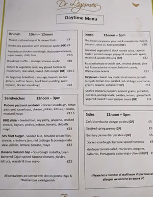 Daytime menu at Dr Legumes in Folkestone