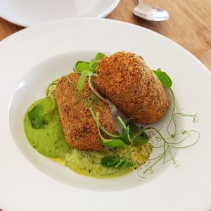 Croquet with pea mousse and watercress foam at Dr Legumes in Folkestone