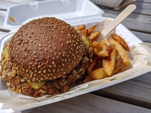 Southern fried seitan burger and chips at Dr Legumes in Folkestone