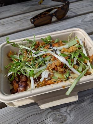 Loaded fries with cheeze sauce and smokey seitan bits at Dr Legumes in Folkestone