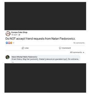 Here I did a screenshot after attempting a few times again to communicate directly - so he blocked me, and continued to defame his customer, me! at Europa Cake Shop in St Kilda