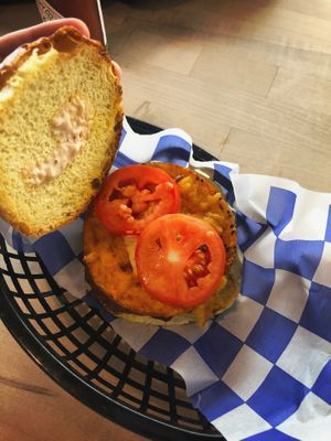 Delicious vegan breakfast sandwich! Pic doesn’t do it justice. Daiya cheese, Just Egg, Impossible sausage, vegan aioli. ❤️❤️ at The Grind House in Bangor