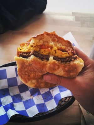 Delicious vegan breakfast sandwich! Pic doesn’t do it justice. Daiya cheese, Just Egg, Impossible sausage, vegan aioli. ❤️❤️ at The Grind House in Bangor