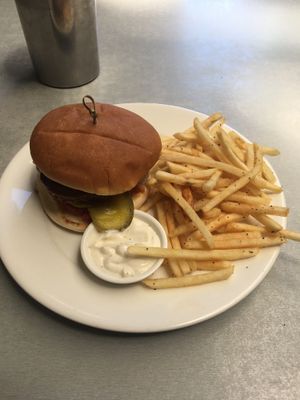 Lentil burger with fries  at Gotham in Wellington