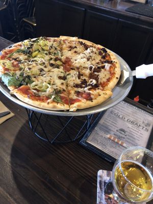 Daiya and half soy chorizo + Zeus beer at Bakersfield Pizza Co in Bakersfield