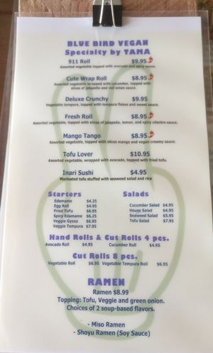 Separate vegan menu at Blue Bird Sushi in Long Beach
