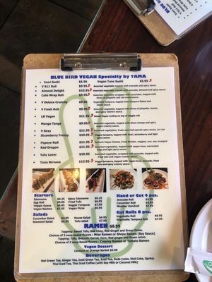 Vegan menu at Blue Bird Sushi in Long Beach