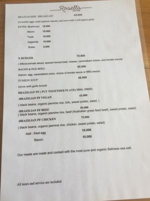 Menu at Rosella in Pecatu