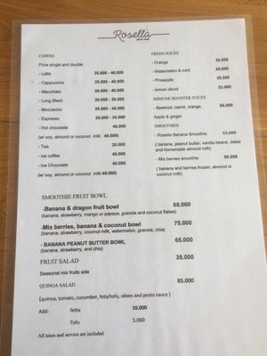 Menu at Rosella in Pecatu