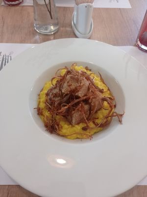 Vegan risotto with crispy tofu and oyster mushroom stripes at Ctyri Sestry in Kutna Hora