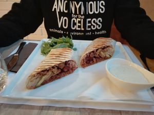 Vegan burrito with sojanesa. at Ctyri Sestry in Kutna Hora