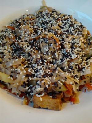 Rice noddles with smoked tofu, Beluga black lentils and kimchi at Ctyri Sestry in Kutna Hora