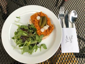 Fried bread with a spread made from sundried tomatos, also a starter 👍 at Ctyri Sestry in Kutna Hora