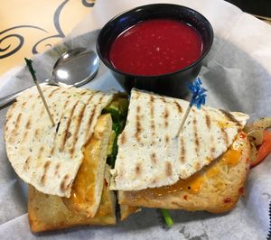 Tofu and spinach sandwich with beet coconut soup at Simon's Coffee House in Sarasota