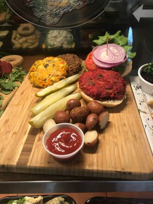 Vegan burgers ,black bean ,traditional,beetroot, lentil or mushroom made daily in house at Simon's Coffee House in Sarasota