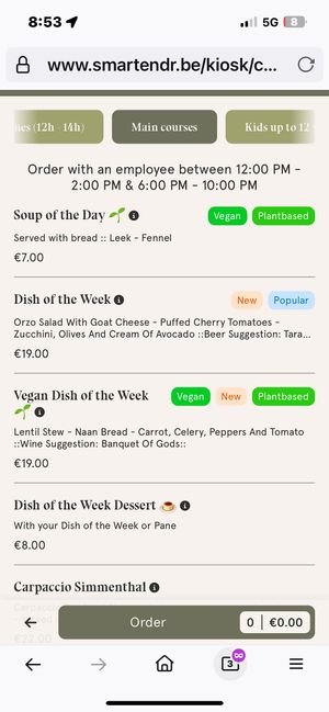 A portion of the online menu from a QR code at the table  at De Republiek in Bruges