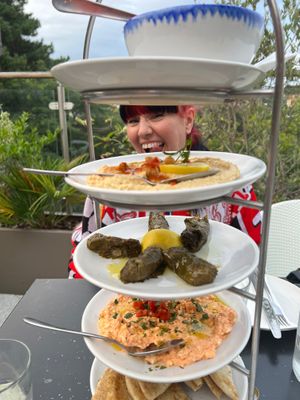 Vegan goodies, (stuffed vine leaves, hummus, flat bread,) and one veggie dish for my bf (feta spicy dip)  at The Real Greek in Bournemouth