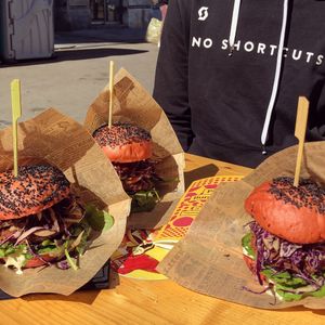 Red vegan burgers at Organic Garden in Ljubljana