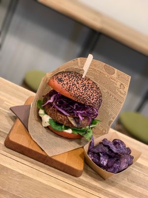 red burger & chips  at Organic Garden in Ljubljana