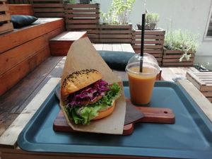 The yellow-burger at Organic Garden in Ljubljana