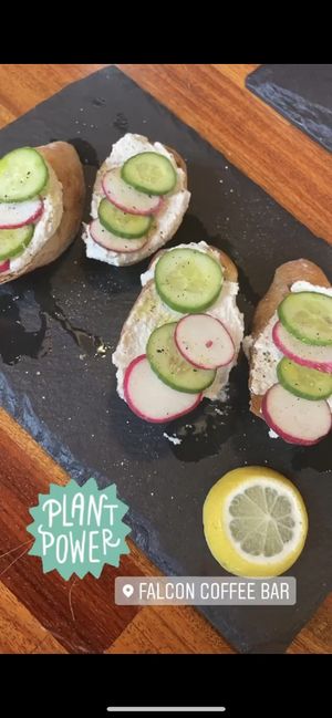 Cashew toasts with cucumber and radish  at Falcon Coffee Bar in Nashville