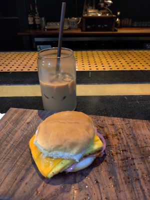Bodega sandwich and iced mocha coffee at Falcon Coffee Bar in Nashville