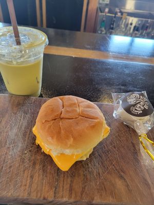 Matcha latte, bodega sandwich and a cake pop at Falcon Coffee Bar in Nashville