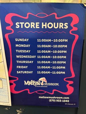 Hours as of 10/12/2024 at Mellow Mushroom in Paducah