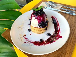 newest pan cake with blueberry jam. at L for You in Tokyo