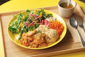 Clinic-supervised daily plate — green salad, 3 veggie deli sides & organic brown rice. Choose the veg main to make it fully vegan. Gluten-free & additive-free. at L for You in Tokyo