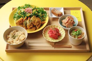 Japanese gozen-style set — our clinic-supervised plate with soup, 3 veggie deli sides, organic brown rice & mini banana pound cake. Choose the veg main for fully vegan. Gluten-fr at L for You in Tokyo