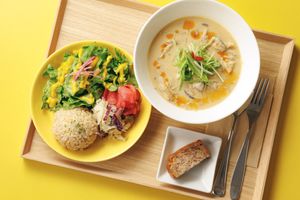 Our signature soup set — burdock & mushroom soy milk soup with miso and fermented seasonings, salad, veggie deli, brown rice & mini banana pound cake. Fully vegan & gluten-free. at L for You in Tokyo